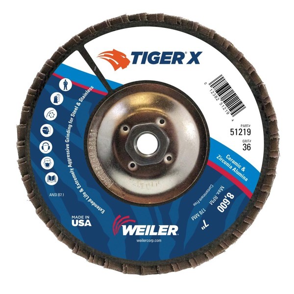 Weiler 7" Tiger X Flap Disc, Conical (TY29), Phenolic Backing, 36Z, 5/8-11" 51219